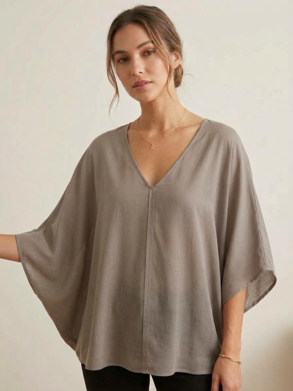 CLUB MONACO Women's Taupe V-Neck Flowing Top (L)